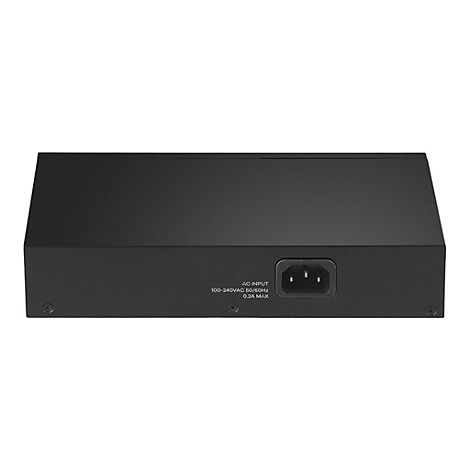 Rückseite eines schwarzen elektronischen Geräts mit Netzanschlussbuchse und technischen Daten zum Strominput.