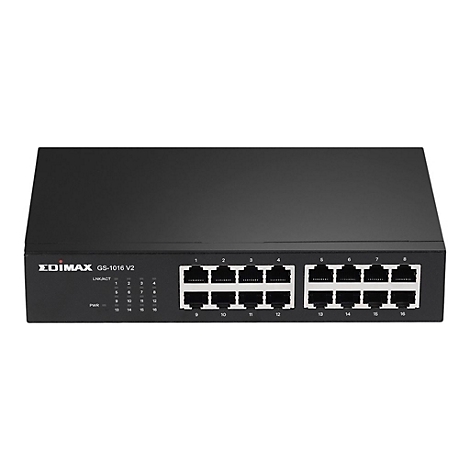 Schwarzer Edimax GS-1016 V2 Netzwerk-Switch mit 16 LAN-Ports und LED-Statusanzeigen auf weißem Hintergrund.