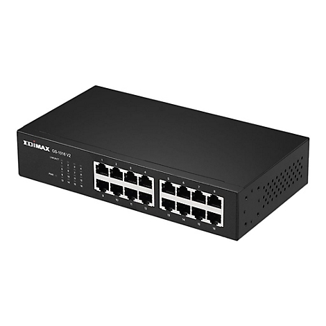 Schwarzer Edimax GS-1016 V2 Gigabit Ethernet-Switch mit 16 Anschlüssen in einer isometrischen Ansicht.