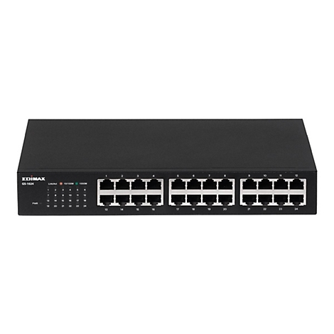 Schwarzer Edimax GS-1024 Netzwerk-Switch mit 24 Ports vor weißem Hintergrund.