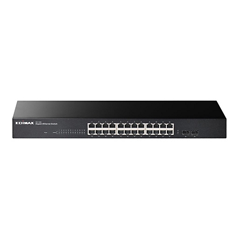 Schwarzer Edimax GS-1026 Gigabit Ethernet Switch mit zahlreichen Anschlüssen auf weißem Hintergrund.