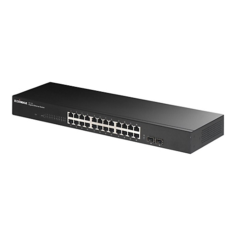 Schwarzer Edimax Gigabit Ethernet Switch mit 26 Ports vor weißem Hintergrund.