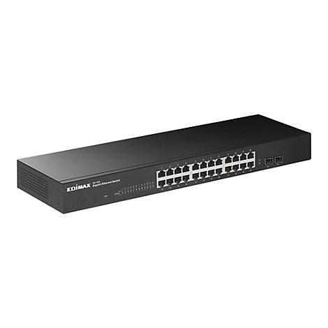 Schwarzer Edimax GS-1026 Gigabit Ethernet Switch mit zahlreichen Anschlüssen vor weißem Hintergrund.