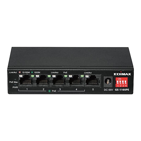 Schwarzer Netzwerk-Switch mit fünf Anschlüssen, Leuchten und Schaltern. Aufschrift "EDIMAX GS-1105PE".
