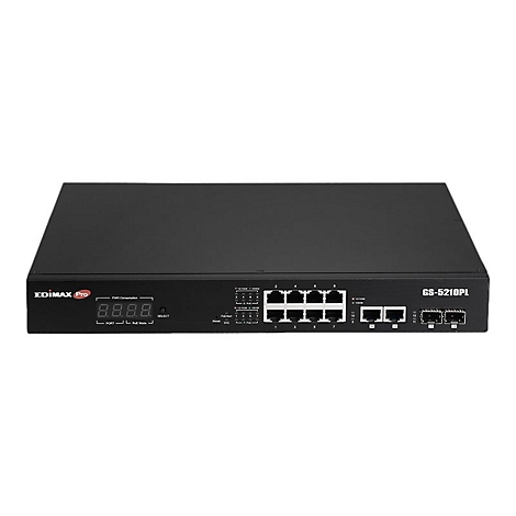 Schwarzer Edimax Pro GS-5210PL Netzwerk-Switch mit Ports, Display und Logo-Aufdruck.