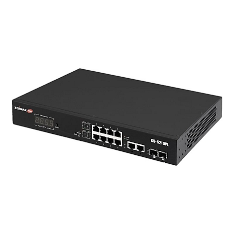 Schwarzer Edimax Pro Netzwerk-Switch mit 10 Ports und digitaler Leistungsanzeige vor weißem Hintergrund.