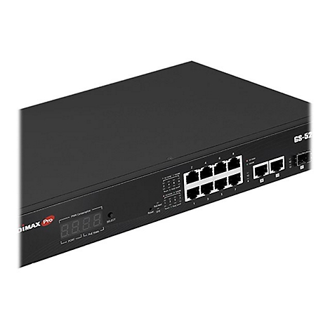 Schwarzer Edimax Pro Netzwerk-Switch mit acht LAN-Ports, LED-Display und Statusanzeigen vor weißem Hintergrund.