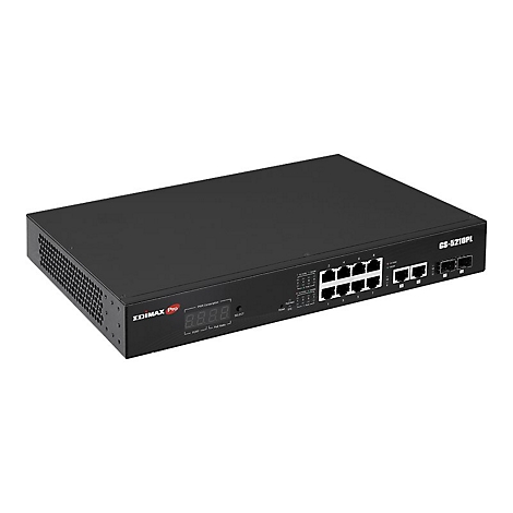Schwarzer Edimax Pro Netzwerk-Switch GS-5210PL mit Anschlüssen auf der Vorderseite.