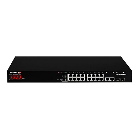 Schwarzer Edimax Pro GS-5216PLC Netzwerk-Switch mit 16 Ports und digitaler Leistungsanzeige vor weißem Hintergrund.
