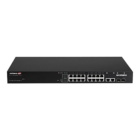 Schwarzer Edimax Pro GS-5216PLC Netzwerk-Switch mit 16 Ports vor weißem Hintergrund.