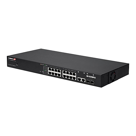 Schwarzer Edimax Pro GS-5216PLC Netzwerk-Switch mit 16 Ports und Lüftergitter vor weißem Hintergrund.