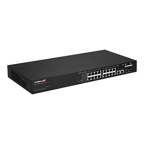 Schwarzer Edimax Pro GS-5216PLC Netzwerk-Switch mit 16 Ports vor weißem Hintergrund.
