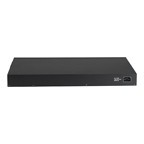 Rückseite eines schwarzen Netzwerk-Switches mit Kaltgeräteanschluss und technischen Angaben.