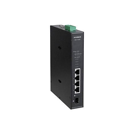 Schwarzer Edimax IGS-1105P Industrie-Switch mit Anschlüssen und LED-Statusanzeigen auf weißem Hintergrund.
