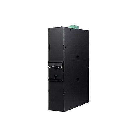 Schwarzes, schmales, rechteckiges Elektronikgehäuse mit seitlicher Montagevorrichtung vor weißem Hintergrund.
