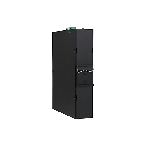 Schwarzes, schmales Metallgehäuse eines elektronischen Geräts mit rückseitiger Hutschiene vor weißem Hintergrund.