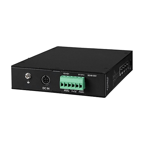 Schwarzer Industrie-Switch mit grünem Klemmblock-Anschluss und DC-In-Buchse vor weißem Hintergrund.