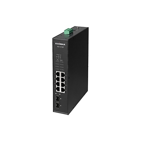 Schwarzer Edimax IGS-1210P Industrie-Switch mit acht LAN-Ports, zwei Glasfaser-Ports und Status-LEDs auf weißem Grund.