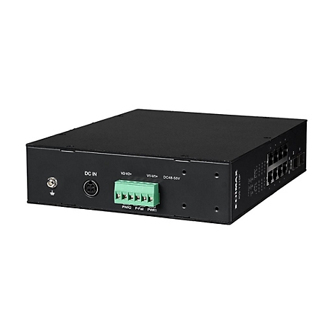Schwarzer Edimax Industrieswitch IGS-1210P, Ansicht der Rückseite mit Stromanschluss und grünem Klemmblock.