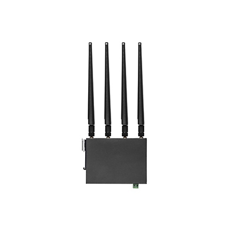 Schwarzes Industrie-Modem mit vier vertikalen Antennen vor weißem Hintergrund.