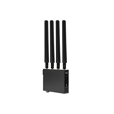Schwarzer Edimax Pro Router mit vier vertikalen Antennen vor weißem Hintergrund.
