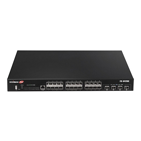 Edimax Pro Netzwerk-Switch FS-5428X mit 28 Ports, schwarz, frontale Ansicht vor weißem Hintergrund.