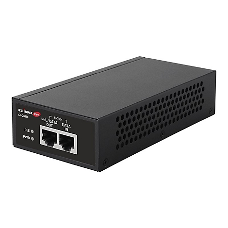 Schwarzer EDIMAX Pro GP-2011T PoE-Injektor. Mit zwei Ports, Beschriftung PoE/Data Out und Data In, sowie Anzeigeleuchten.