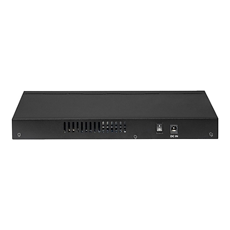 Rückseite eines flachen, schwarzen Netzwerk-Switch-Gehäuses mit Lüftungsschlitzen, Stromschalter und DC-Eingangsbuchse.
