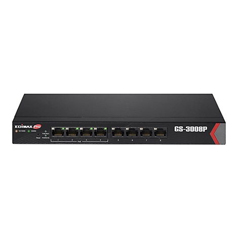 Edimax Pro GS-3008P Netzwerk-Switch mit acht Ports in schwarzem Gehäuse vor weißem Hintergrund.