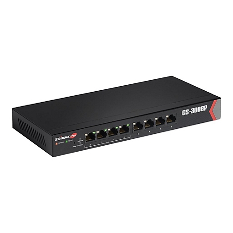 Schwarzer Edimax Pro GS-3008P Netzwerk-Switch mit acht Ports vor weißem Hintergrund.