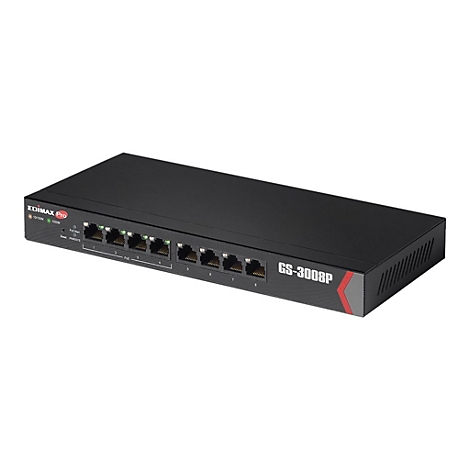 Schwarzer Edimax Pro GS-3008P Gigabit-Netzwerk-Switch mit acht Ports und LED-Anzeigen auf weißem Hintergrund.