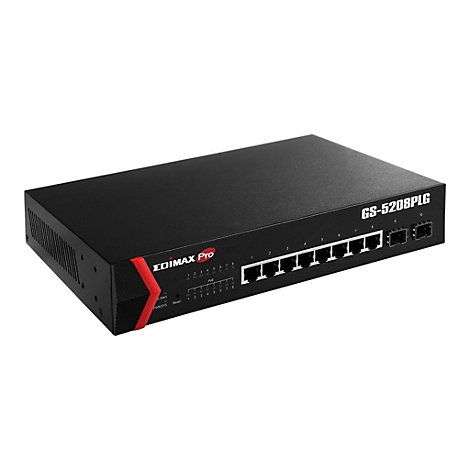 Schwarzer Edimax Pro Netzwerk-Switch mit 10 Anschlüssen vor weißem Hintergrund.