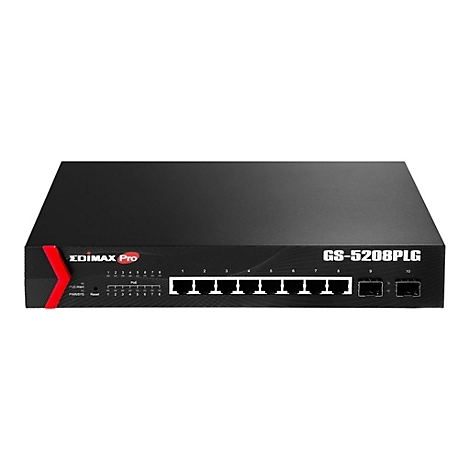 Schwarzer Edimax Pro GS-5208PLG Netzwerk-Switch vor weißem Hintergrund.
