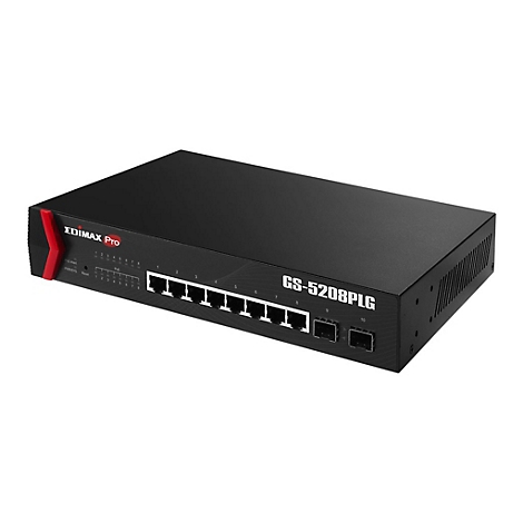 Schwarzer Edimax Pro GS-5208PLG Netzwerk-Switch mit acht LAN-Ports und zwei SFP-Anschlüssen vor weißem Hintergrund.