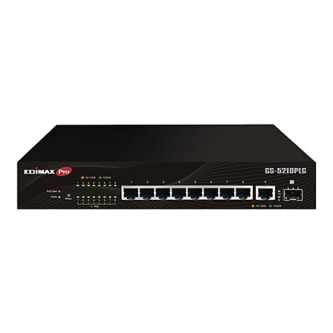 Schwarzer Edimax Pro Netzwerk-Switch GS-5210PLG mit acht RJ45-Ports und zwei SFP-Steckplätzen vor weißem Hintergrund.