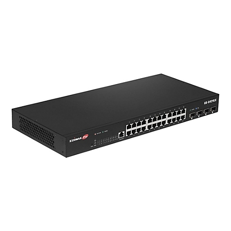 Schwarzer Netzwerk-Switch von Edimax Pro mit vielen Anschlüssen.