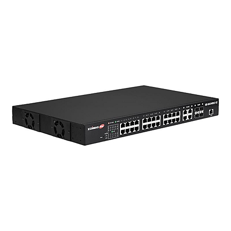 Schwarzer Edimax Pro Netzwerk-Switch mit zahlreichen Anschlüssen vor weißem Hintergrund.
