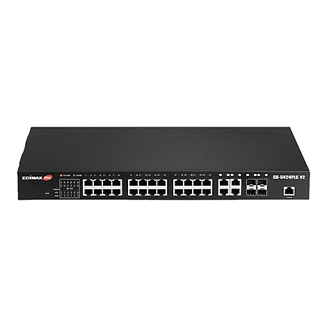 Schwarzer Edimax Pro GS-5424PLC V2 Netzwerk-Switch mit 24 Ports vor weißem Hintergrund.