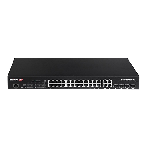Schwarzer Edimax Pro Netzwerk-Switch GS-5424PLC V3 mit zahlreichen Ethernet- und SFP-Anschlüssen vor weißem Hintergrund.