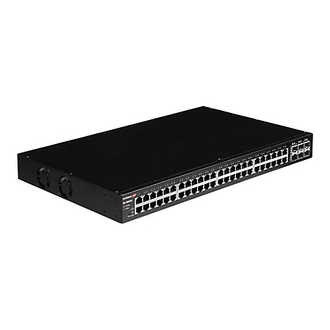 Schwarzer Edimax Pro GS-5024LX Netzwerk-Switch in einer perspektivischen Ansicht auf weißem Hintergrund.