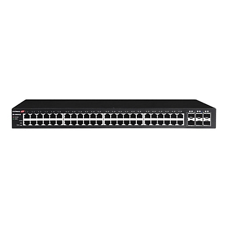 Schwarzer Edimax Netzwerk-Switch GS-5054LX mit 48 Anschlüssen und 4 SFP-Ports vor weißem Hintergrund.