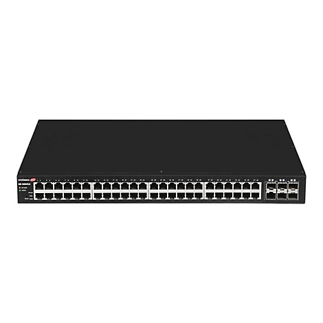 Schwarzer Edimax Pro Netzwerk-Switch mit 48 LAN-Ports und zusätzlichen SFP-Anschlüssen vor weißem Hintergrund.