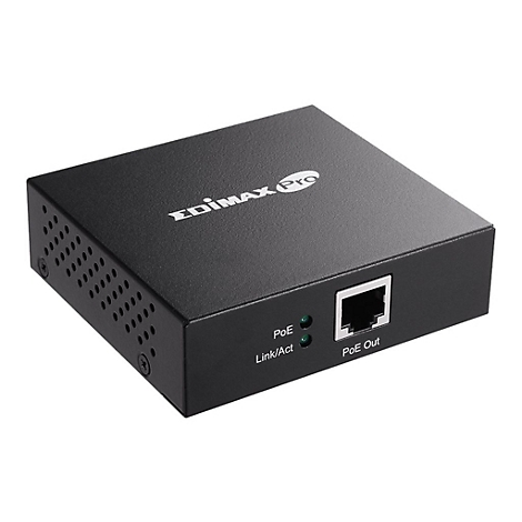 Schwarzer Netzwerk-Switch mit 'EDIMAX Pro'-Logo, Ports und Kontrollleuchten.