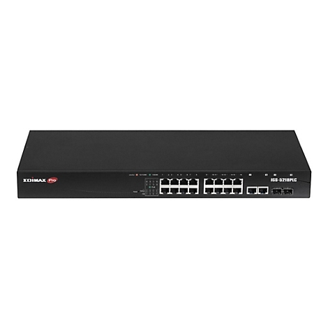 Schwarzer Edimax Pro Netzwerk-Switch IGS-5218PLC mit Anschlüssen und Status-LEDs auf weißem Grund.