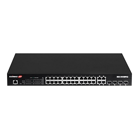 Schwarzer Edimax Pro Netzwerk-Switch IGS-5428PLC mit 24 Ethernet-Ports und 4 SFP-Steckplätzen.