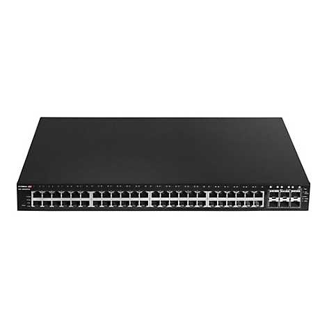 Schwarzer Edimax Pro Netzwerk-Switch mit zahlreichen RJ45-Anschlüssen vor neutralem Hintergrund.