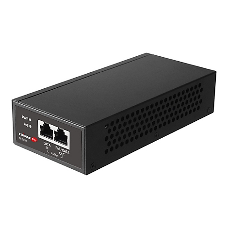 Schwarzer Edimax Pro Injektor GP-203IT mit zwei LAN-Anschlüssen und Status-LEDs auf weißem Hintergrund.