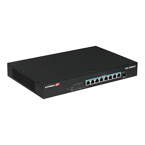 Schwarzer Edimax Pro Netzwerk-Switch TGS-3109PLX mit acht Ports vor weißem Hintergrund.