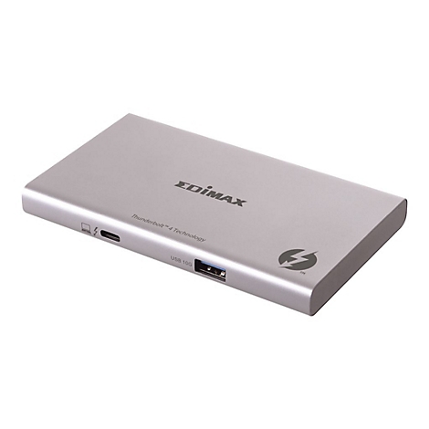 Silberne externe Festplatte von Edimax, mit USB 10G und Thunderbolt 4 Technologie.