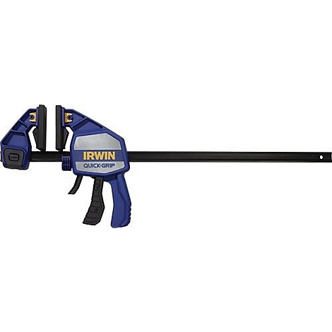 Blauwe klem met handvat en zwarte rail. Inscriptie: Irwin Quick-Grip.